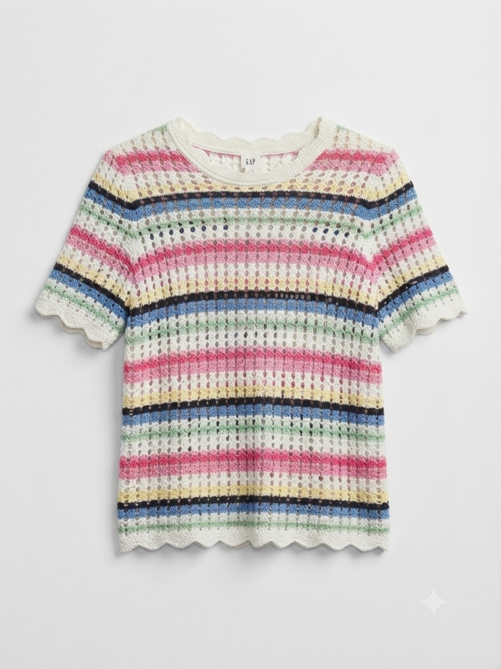Gap Multi-Color Striped Crochet Open Knit Short Sleeve Sweater Top Scalloped